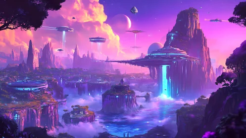 Futuristic floating city over neon waterfalls and cliffs