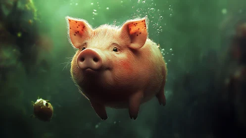 Underwater pig drifts through emerald green depths.