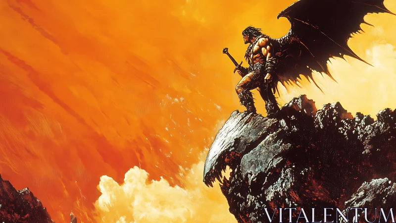 Winged warrior dominates fiery cliff under inferno sky.