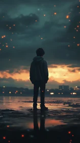 Solitary figure at dusk beneath ember-lit storm clouds.