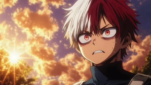 Intense anime boy under blazing sunset sky.