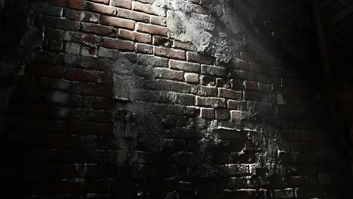 Weathered brick wall catches harsh light in dark space.