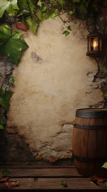 Weathered courtyard wall with ivy, lantern glow, rustic barrel.