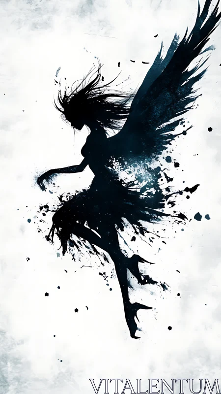 Ink-splintered angel silhouette diving through pale storm.