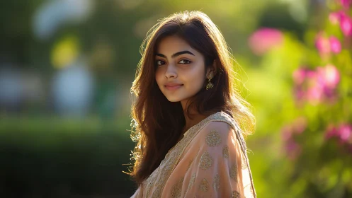 Young woman in traditional attire in soft garden light.
