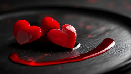 Glossy red heart-shaped resin forms with chromatic liquid smear on dark textured surface