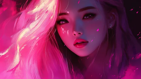 Dreamy neon portrait wrapped in soft pink and violet glow.