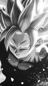 Intense anime warrior close up in monochrome power pose.