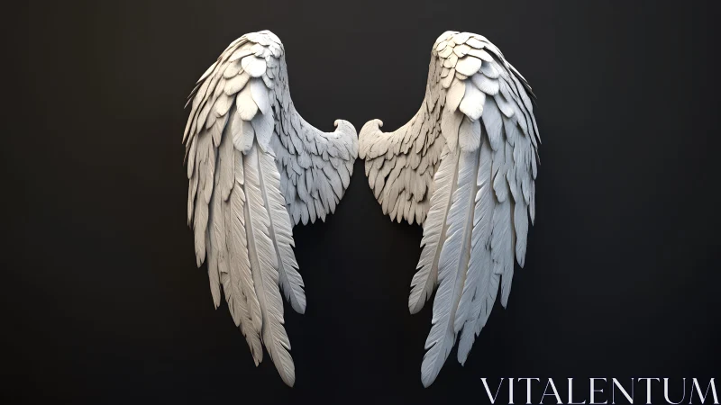 Elegant white angel wings sculpture on dark minimalist background.