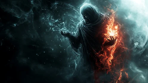 Dark robed figure holds swirling fire in a cosmic fog.
