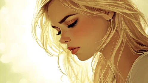 Side profile digital portrait of thoughtful blonde woman.