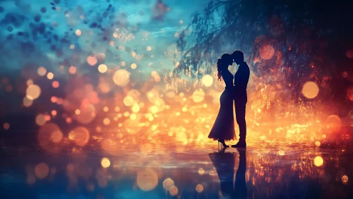 Silhouetted couple kiss amid golden bokeh and blue ambiance.