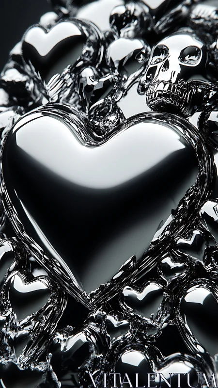Gleaming chrome hearts flow around bold skull shapes in contrast