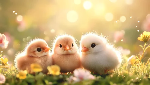 Three Fluffy Chicks in Wildflower Meadow. Soft Sunlit Scene.