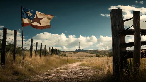 Weathered lone star flag over rustic fenced prairie path.