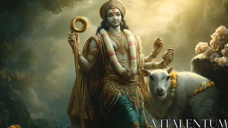 Divine pastoral figure with garlanded cow in golden mist.