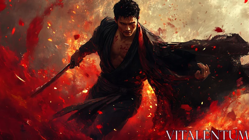 Battle-worn swordsman strides through swirling red embers.