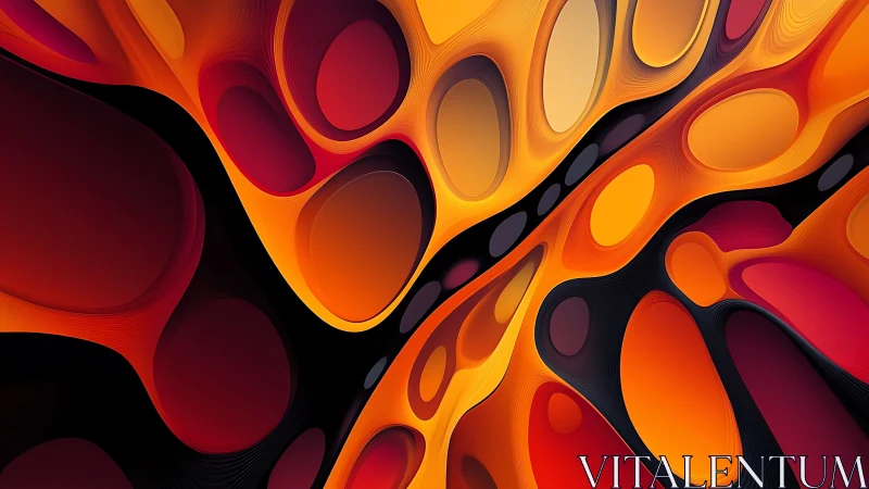 Fluid orange and red abstract shapes with dark voids.