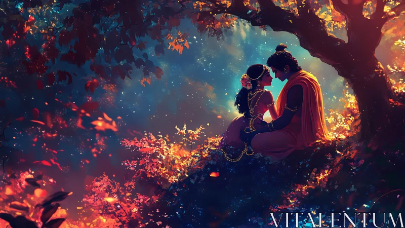 Couple Embracing in Mystical Fire Cave with Golden Light