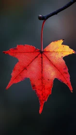 Macro study of suspended red maple leaf against bokeh field.