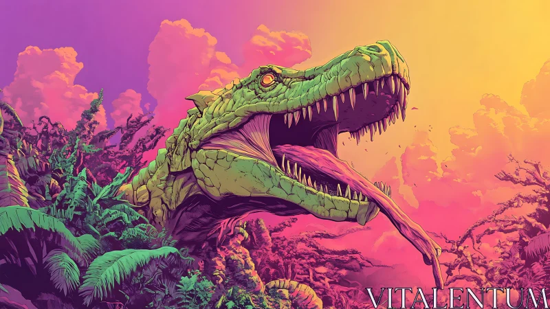 Neon jungle tyrannosaur lunges under hyper-saturated sky