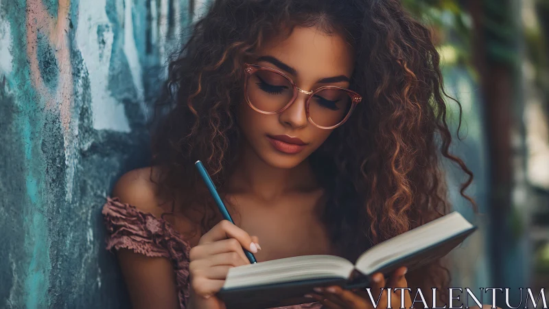 Young woman writes in notebook beside graffiti wall, shallow DOF