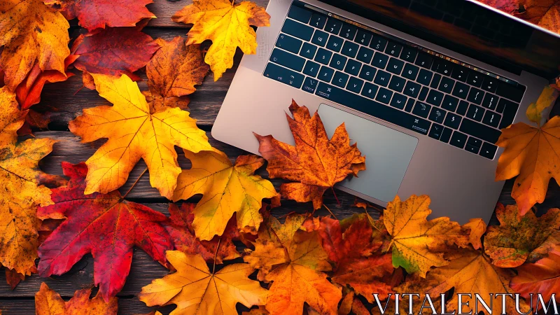 Aluminum laptop keyboard amid high-saturation maple foliage.