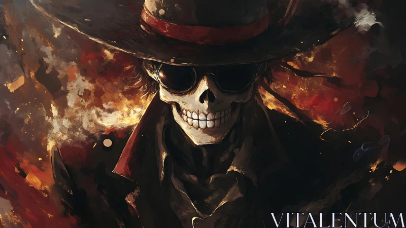 Skull-faced figure in hat and coat stands amid abstract flames