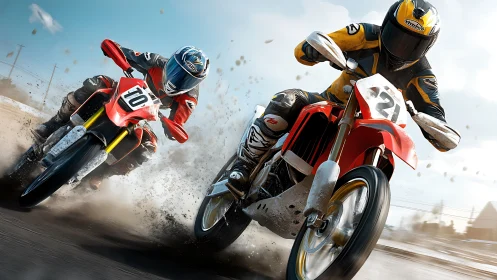 High-speed dirt bike rivals lean into a thrilling tight turn