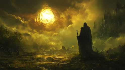 Lone cloaked wanderer beneath a blazing stormlit sky.