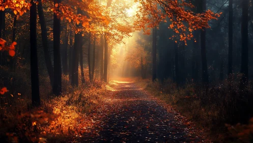 Golden Autumn Forest Path Bathed in Warm Sunlight