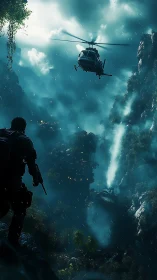 Storm-born descent over neon jungle ravine stronghold.