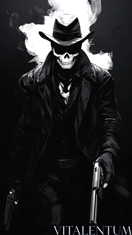 Skull-faced gunman emerges from smoke in noir darkness.