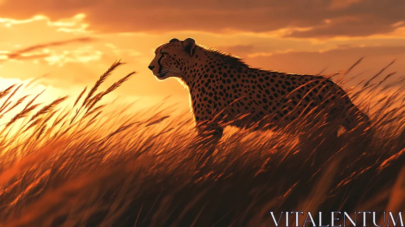 Cheetah Silhouette Against Golden Hour Savanna Landscape.