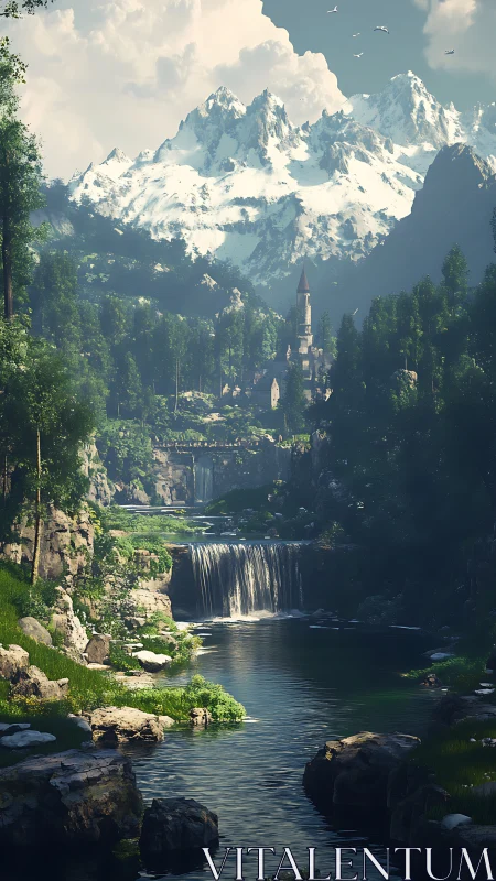 Mountain waterfall valley with distant tower and forests.