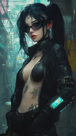 Cyberpunk street operative in tactical bodysuit with HUD bracer