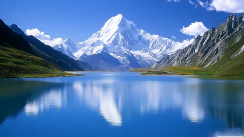 Snowy mountain peak reflected in calm blue alpine lake.