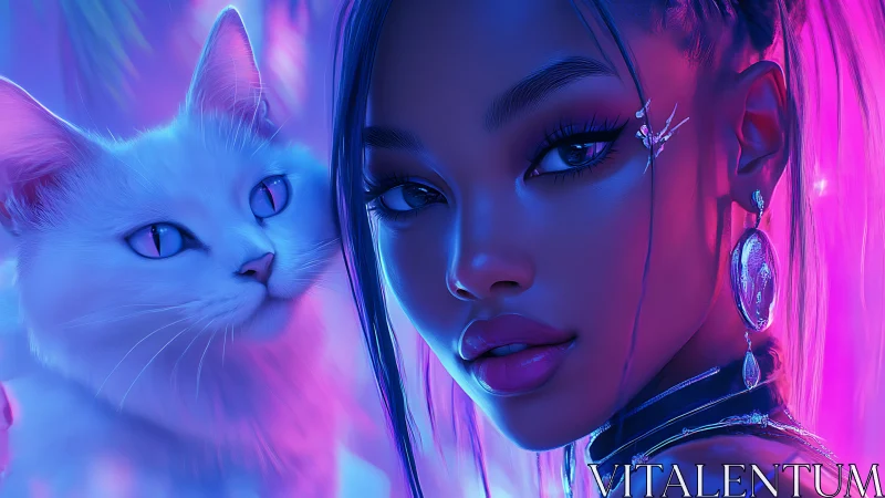 Neon-lit cyber muse and white cat share an electric gaze