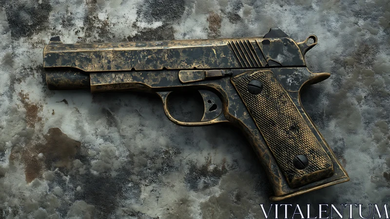 Weathered handgun render with corroded metallic surface detailing.