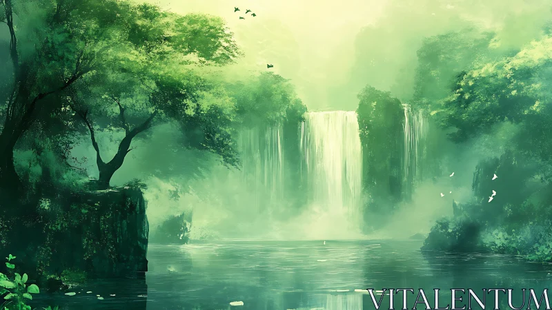 Ethereal Waterfall Cascades Through Verdant Forest Landscape.