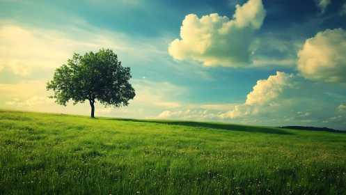 Lone Tree in Lush Green Meadow under Dramatic Sky, Photorealistic Style.