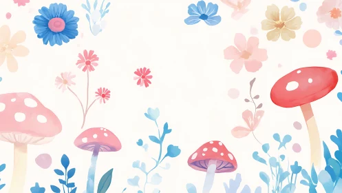 Pastel forest mushrooms sit among soft watercolor flowers
