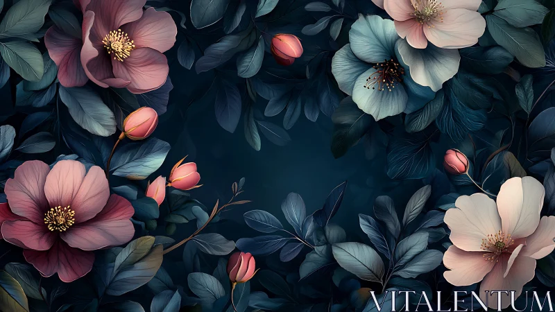 Dark Floral Arrangement with Blooming Roses and Foliage