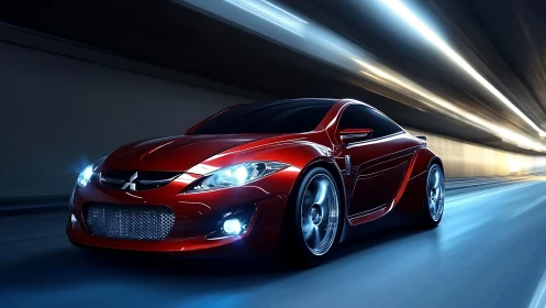 Red tunnel-driven sports coupe with motion-blur light streaks