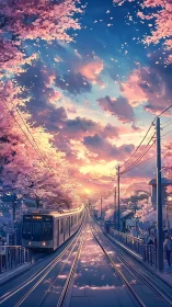 Sunset tram gliding through cherry blossom avenues of sky.