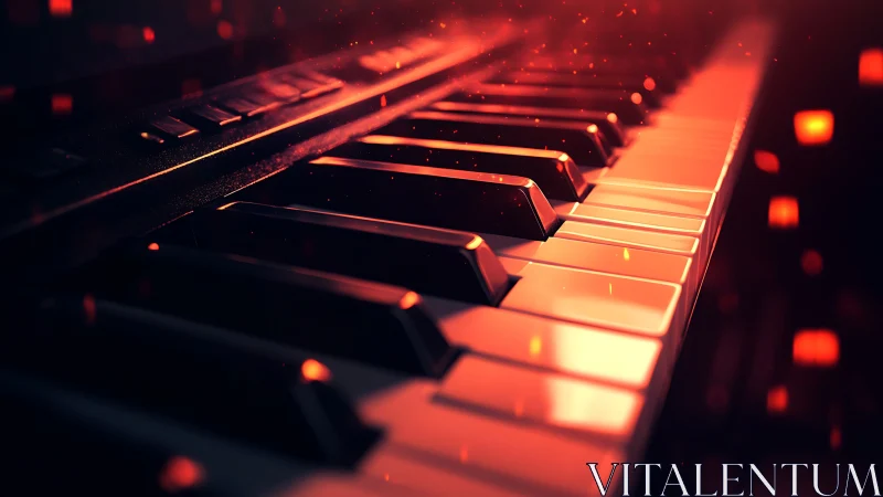 Digital piano keys glowing in dramatic red bokeh light.