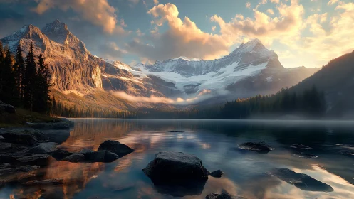 Mountain lake reflects snow peaks under low angled evening light