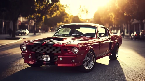 Sunset prowl of a crimson muscle legend on quiet streets.