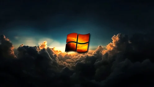 Windows logo over dark cloudscape with backlit sky scene.