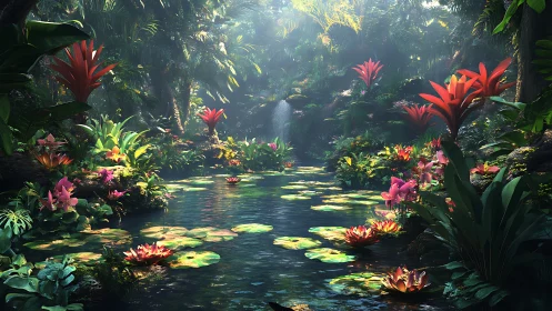 Tropical rainforest lagoon with waterlilies and bromeliads at dawn